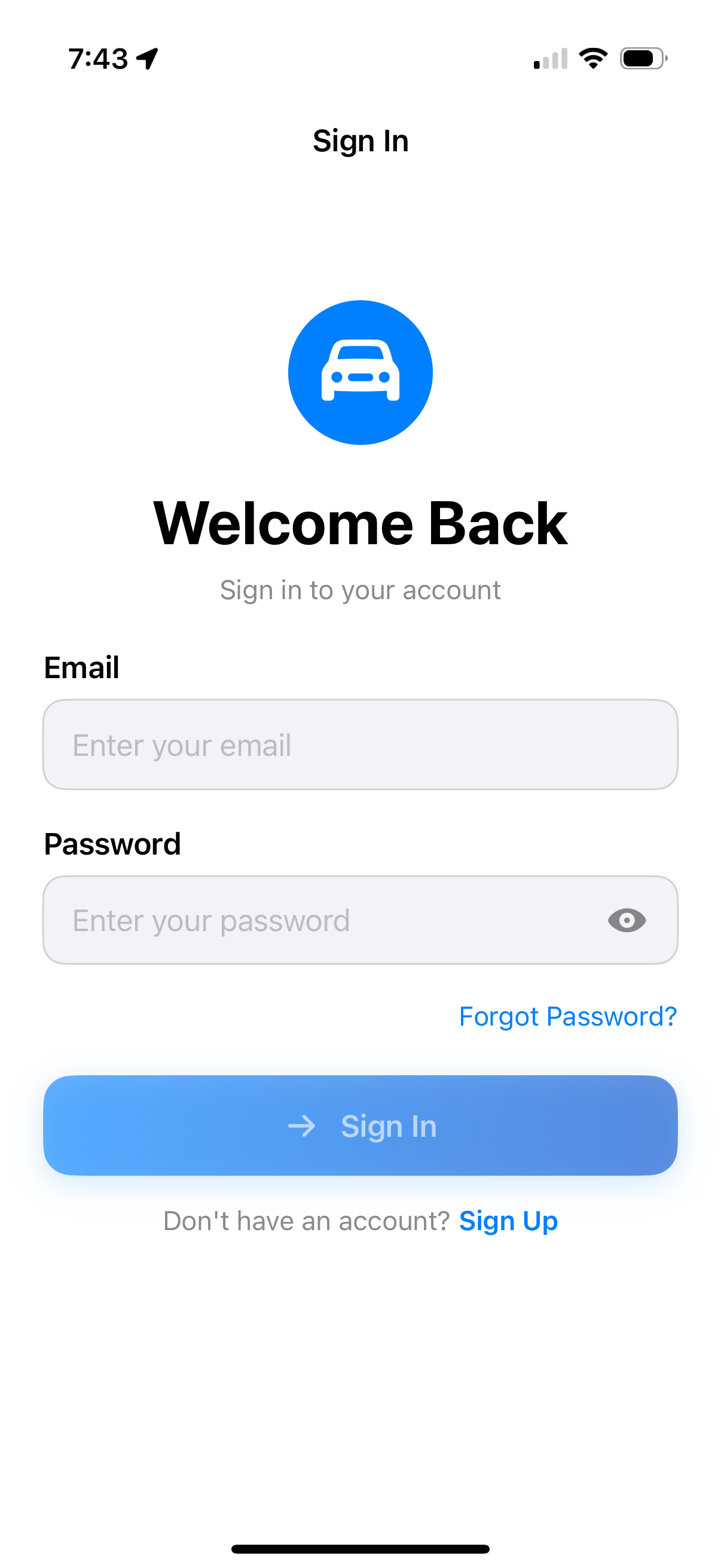 EzParkk mobile app sign in screen showing start by securely signing into your ezparkk account.